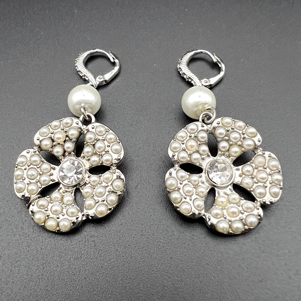 Silver Tone White Pearl & Rhinestone Flower Earrings
